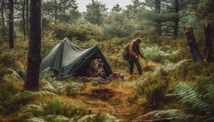 Picking up rubbish next to a tent